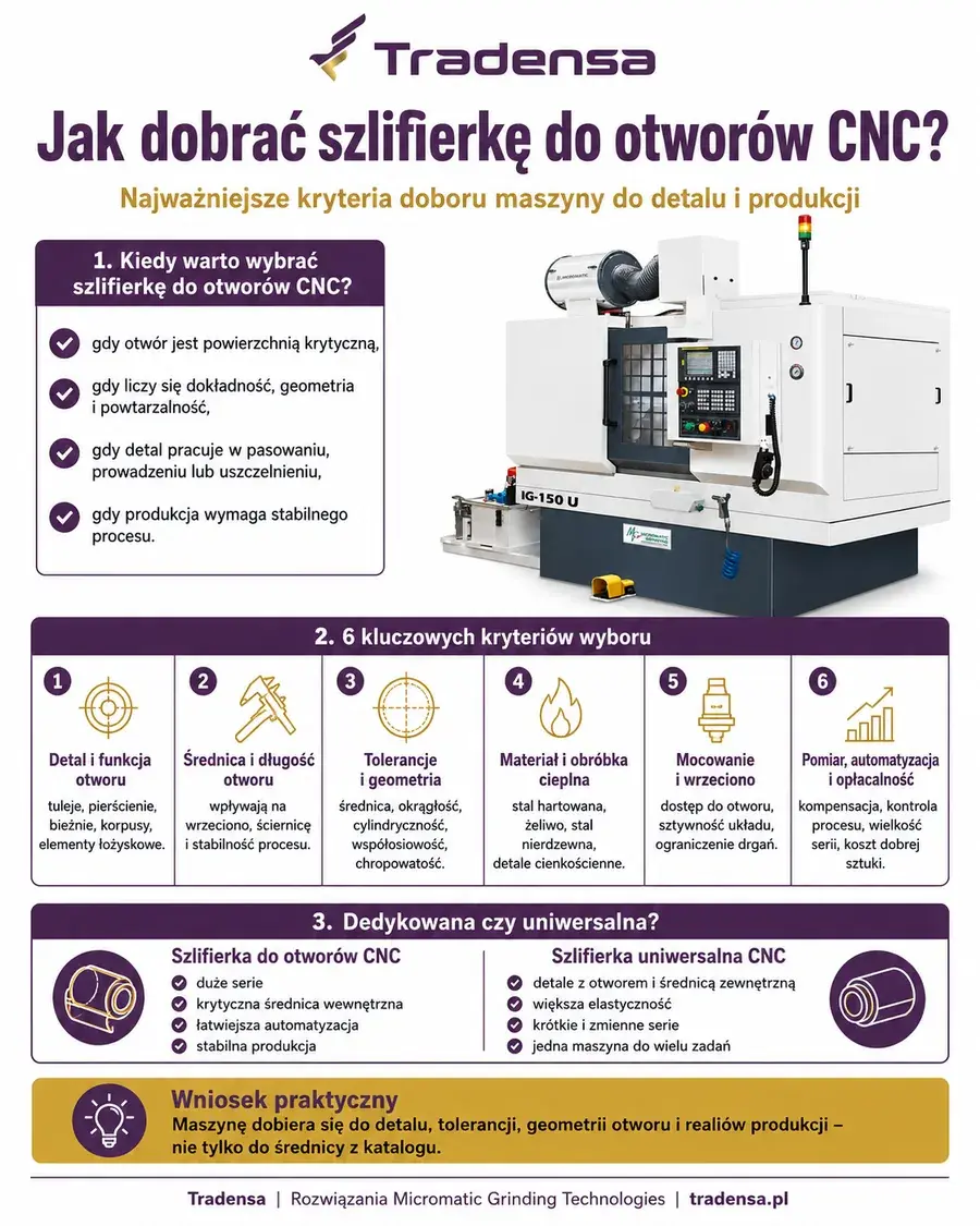 Infografika pokazująca, jak dobrać szlifierkę do otworów CNC do detalu, tolerancji i produkcji